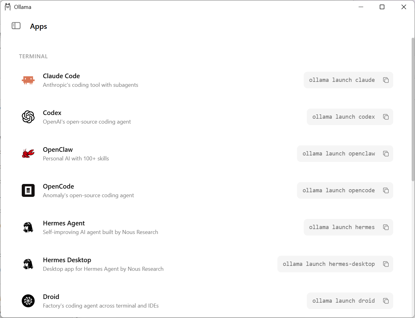 Ollama Apps launch commands